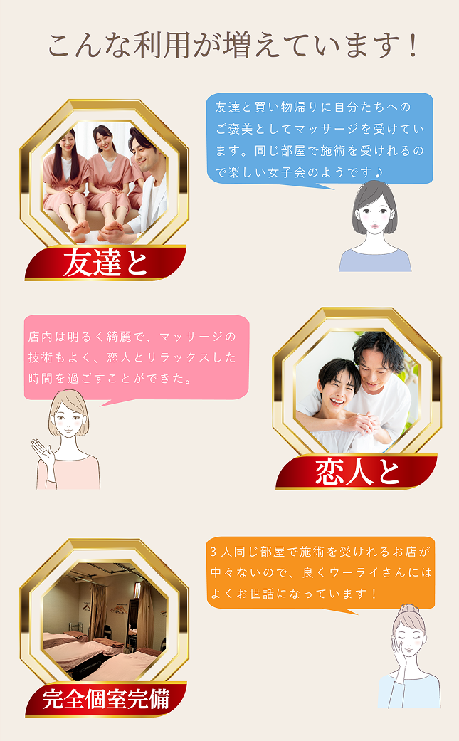 こんなご利用が増えています。ご友人と、恋人と。完全個室です。